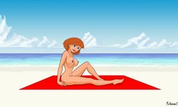 1girls ann_possible artist_name bare_shoulders barefoot beach big_breasts blue_eyes brown_nipples busty cleavage curvy dark_nipples day detailed_background disney erect_nipple erect_nipples eyeliner female female_only fnbman front_view hourglass_figure human kim_possible looking_at_viewer makeup mature milf mother naked nipples nude ocean orange_hair outdoor outside pose posing shiny shiny_skin sitting solo straight_hair tan tan_skin tanlines tanned towel voluptuous water wide_hips