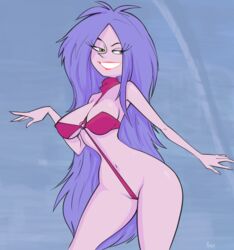 1girls artist_name big_breasts breasts disney disney_villains female female_focus female_only fluffy_(artist) gilf green_eyes hourglass_figure long_hair madam_mim mature_female purple_hair seductive seductive_smile simple_background smile smiling solo solo_female solo_focus the_sword_in_the_stone wide_hips witch