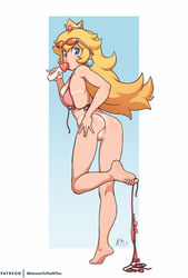 1girls anus ass between_toes bikini blonde_hair blue_eyes bra breasts crown earrings feet female female_only full_body gradient_background innie_pussy lips long_hair looking_back mario_(series) mushroom nintendo noisetanker panties patreon pink_bikini princess_peach pubic_hair pussy raised_leg sexually_suggestive sideboob simple_background soles solo standing sunglasses_on_head super_mario_bros. swimsuit tanline tiptoes toes uncensored undressing