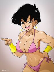 beach_clothes big_breasts bra breasts cleavage dragon_ball dragon_ball_super dragon_ball_z making_fun_of panties saiyan saiyan_female seripa thighs