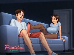 1boy 1girls 2d 2d_(artwork) animated animated_gif balls bed bed_sheet big_breasts big_penis bottomwear breasts brown_hair clothed clothing couch digital_drawing_(artwork) digital_media_(artwork) duo erect_penis erection female foot_fetish footjob gif huge_cock jenny_(summertime_saga) light-skinned_male light_skin living_room long_hair looking_at_penis looking_down main_character_(summertime_saga) male male/female on_couch panties pantyhose penis room shirt shorts shorts_down sitting smirk smirking smooth_animation stroking stroking_penis summertime_saga text third-party_edit topwear underwear