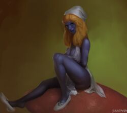 ass blonde_hair blue_skin breasts cleavage cyan_eyes female female_only huge_breasts isatan lips long_hair looking_at_viewer perky_breasts sitting smurfette solo the_smurfs thick_lips thick_thighs thighs