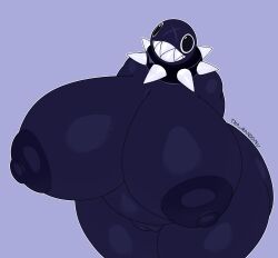 2026 absurd_res areola artist_name big_breasts biped black_body breasts chain_chomp collar digital_drawing_(artwork) digital_media_(artwork) female front_view genitals gigi_(thecoatl034) hi_res huge_breasts huge_thighs humanoid hyper hyper_breasts mario_bros monotone_body nintendo nipples not_furry nude nude_female scar sharp_teeth simple_background solo spiked_collar spikes teeth text tha_randomu thick_thighs vulva wide_hips