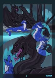 absurd_res cave cave_background cavern comic dragon entity_(sajik) feral feral_on_feral firondraak goo_creature green_eyes hi_res looming_over lying_on_ground male male/male mythological_creature mythological_scalie mythology on_ground open_mouth paws sajik scalie tail unaware_prey white_body