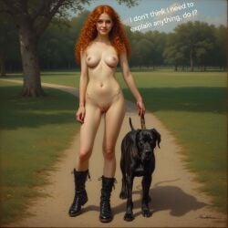 1boy 1female 1girl1futa 1girls ai_generated anthro boots canine humanoid k9 naked_female nude_female original original_character park question ready_for_more red_eyes sidewalk text trees walking