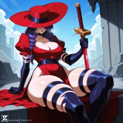 ai_generated artist_name black_choker black_gloves blood blood_on_weapon blue_sky boots braid breasts choker cleavage clothing cloud collarbone covered_eyes covered_navel curvy day dress elbow_gloves female gloves hair_over_eyes hat headwear holding holding_sword holding_weapon katana large_breasts legwear long_hair lunaart marvel marvel_rivals outdoors parted_lips patreon_username pelvic_curtain psylocke psylocke_(sai) psylocke_(sai)_(blood_kariudo) puffy_short_sleeves puffy_sleeves purple_hair red_dress red_headwear sheath short_sleeves sitting skindentation sky solo sweat sword thick_thighs thigh_boots thigh_strap thighhighs thighs twin_braids weapon web_address