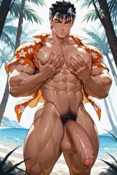 ai_generated bara bara_ass baraboys beach beach_background berserk big_ass big_butt big_penis bottomless brown_hair bubble_ass bubble_butt gay guts_(berserk) hawaiian_shirt large_ass large_butt male_only masculine_male mostly_naked mostly_nude muscular muscular_arms muscular_ass muscular_back muscular_legs muscular_male muscular_thighs partially_clothed pec_grab pecs plump_ass plump_butt shiny_ass shiny_body shiny_butt shiny_skin shirt_only thick_ass thick_butt