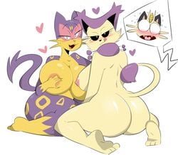 2girls ambiguous_gender animal_genitalia anthro areolae ass back big_ass big_breasts black_sclera blush breast_grab breasts delcatty fangs feet feline female female_only furry generation_1_pokemon generation_3_pokemon generation_5_pokemon green_eyes hand_on_breast heart huge_ass huge_breasts jinu licking_lips liepard looking_at_viewer looking_back meowth nintendo nipples nude open_mouth pokemon pokemon_(species) pokemon_bw pokemon_rse purple_fur sideboob sitting smile tail thick_thighs toes tongue video_games wariza white_background white_eyes white_fur wide_hips yellow_fur