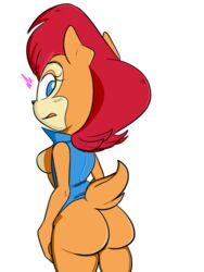 anthro archie_comics ass big_ass big_butt black_nose blue_clothing blue_eyes blue_topwear blue_vest bottomless breasts brown_body brown_fur brown_hair bubble_ass bubble_butt chipmunk clothed clothing curvaceous curvy_figure deviantart eyelashes female fur ground_squirrel hair legwear looking_back mammal multicolored_body multicolored_fur multicolored_hair open_mouth red_hair rodent sally_acorn sciurid sega shocked short_hair side_boob solo sonic_(series) sonic_the_hedgehog_(archie) sonic_the_hedgehog_(comics) sonic_the_hedgehog_(series) thick_thighs thigh_highs topwear two_tone_body two_tone_fur vest voluptuous