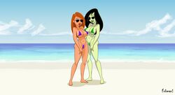 2girls aged_up artist_name aviator_sunglasses bare_shoulders barefoot beach big_breasts bikini bikini_bottom bikini_top black_hair busty cleavage curvy day detailed_background disney duo ear_piercing earrings erect_nipple erect_nipples eyeliner female female_only fnbman front_view glasses green_lipstick green_skin horizon hourglass_figure human kim_possible kimberly_ann_possible large_breasts lipstick long_hair looking_at_viewer makeup micro_bikini midriff multiple_females multiple_girls nipple_bulge ocean older open_mouth orange_hair outdoor outdoors outside piercing pose posing red_lipstick sand shadow shiny shiny_skin standing string_bikini sunglasses swimsuit teenage thong tinted_eyewear underboob voluptuous water wide_hips