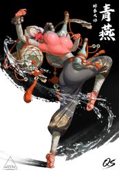 1girls alcohol alcoholic_drink armpits bare_shoulders barefoot big_breasts bound_feet bracelet breasts butt butt_crack butt_visible_through_thighs chinese_clothes chinese_knot drunk feet half-dressed jade kung_fu oc original original_character pointy_teeth qs0222 red_body red_skin sharp_teeth shuimo_(artstyle) side_boob silver_hair string tiptoes tongue_out white_wine wine_bottle wrapped_arms wrapped_legs
