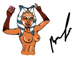 1girls ahsoka_tano blue_eyes breasts clone_wars female_focus female_only hi_res looking_at_viewer nipple_piercing nude selfie simple_background smartphone smile solo star_wars terax togruta watermark white_background wink