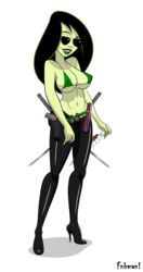 1girls artist_name bare_shoulders big_breasts bikini bikini_top black_hair busty cleavage curvy dildo disney disney_channel erect_nipple erect_nipples eyeliner female female_only fnbman front_view glasses green_lipstick green_skin grenade gun high_heels hourglass_figure human katana kim_possible knife large_breasts lipstick looking_at_viewer makeup midriff nipple_bulge open_mouth pistol sex_toy shadow shego shiny shiny_skin simple_background solo standing sunglasses sword text underboob voluptuous weapon white_background wide_hips