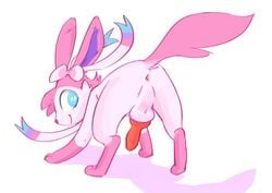 animal_genitalia animal_penis anus backsack balls blue_eyes canine_penis dosent eeveelution erection fur knot looking_back male male_only nintendo penis pink_fur pokemon simple_background solo sylveon video_games