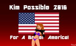 1girls aged_up arms_up artist_name big_breasts bikini bikini_bottom bikini_top black_gloves busty cleavage curvy detailed_background disney disney_channel election english_text eyeliner female female_only flag fnbman front_view gloves green_eyes hourglass_figure human kim_possible kimberly_ann_possible large_breasts lipstick long_hair looking_at_viewer makeup midriff older orange_hair red_lipstick shiny shiny_skin shirt_lift shirt_pull solo standing swimsuit teenage text turtleneck voluptuous wide_hips