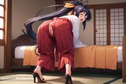 1girls ai_generated akeno_himejima anus ass bed bent_over black_footwear black_hair blush closed_eyes feet female from_behind full_body hair_ribbon hakama hakama_skirt hi_res high_heels high_school_dxd himejima_akeno indoors japanese_clothes kimono long_hair looking_back miko no_panties open_mouth patreon_username ponytail progenarts pussy red_hakama ribbon sandals skirt solo uncensored upper_teeth_only very_long_hair white_kimono wide_sleeves
