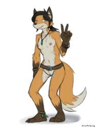 anthro areola bed belt belt_only black_hair black_nose blue_eyes bracelet breasts brown_markings canid canine casual_nudity digital_media_(artwork) dipstick_tail female fingers fox fur furniture genitals gesture gloves_(marking) hair hand_gesture hi_res jewelry leg_markings looking_at_viewer luna_(sealer4258) mammal markings multicolored_body multicolored_fur navel nipples nude nude_anthro nude_female orange_body orange_fur pendant red_fox sealer4258 simple_background small_breasts smile socks_(marking) solo standing tail tail_markings true_fox v_sign vulva white_background white_body white_fur