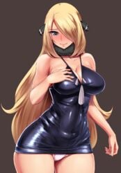 black_dress blonde_hair blush bodycon breasts cleavage clothing covered_navel cynthia_(pokemon) dress female female_only groin hand_on_breast hips human ishimiso_(ishimura) large_breasts long_hair looking_at_viewer microdress minidress nintendo panties pantyshot pokemon pokemon_dppt shiny short_dress skin_tight skindentation smile solo thighs tight_dress underwear white_panties wide_hips