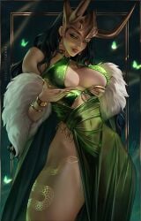 1girls 2d 2d_(artwork) 2d_artwork artist_logo artist_name artist_signature big_breasts black_hair breedable_hips butterfly collar dress earrings fur fur_collar genderfluid green_eyes hips holding_breast horn horned_helmet horns lady_loki lady_loki_(marvel_rivals) loki_(marvel) loki_(marvel_rivals) long_hair makeup marvel marvel_comics marvel_rivals olchas rings royalty rule_63 see-through see-through_clothing snake_tattoo solo solo_female solo_focus tattoo thick_thighs tongue tongue_out