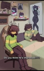 1boy ??? abs awkward awkward_situation bed bedroom black_shirt briefs brown_hair candle caption commission dakimakura_(object) deltarune demidoggo drawing_(object) english english_text flower full_body gaming_chair green_sweater hair_over_eyes hi_res hidden_eyes kris_(deltarune) male male_focus male_human male_only meme obsessed photo_(object) plushie solo solo_focus solo_male stolen_clothes sweating tagme uncomfortable undertale_(series) underwear worried worried_expression worried_look