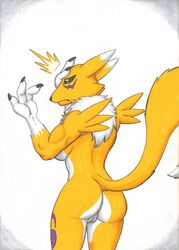 2017 anthro ass black_sclera blue_eyes boxice breasts canine chest_tuft digimon female fox fur mammal nude pussy raised_tail renamon sideboob simple_background solo tuft white_background white_fur yellow_fur