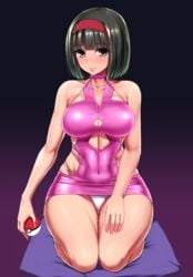 1girls alternate_color bare_shoulders big_breasts black_eyes black_hair blush bodycon breasts choker cleavage corruption covered_navel dress erika_(pokemon) gradient gradient_background gym_leader hairband hip_vent ishimiso_(ishimura) large_breasts latex_dress looking_at_viewer microdress minidress nintendo panties pantyshot_(sitting) pantyshot_sitting pink_dress poke_ball pokemon pokemon_rgby seiza shiny shiny_clothes short_hair simple_background sitting skin_tight solo underwear white_panties