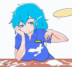 1boy 1girls animated annoyed blue_hair bored bored_sex breasts casual casual_bukkake clothed clothed_female cookie_(touhou) cum cum_on_body cum_on_breasts cum_on_chest cum_on_clothes cum_on_face cum_on_hair cum_on_upper_body cumshot disembodied_penis ejaculation emotionless emotionless_sex erection excessive_cum expressionless female female_focus fully_clothed gif handjob human jerking_off kofji_(cookie) male nitori_kawashiro no_nose noseless partial_male penis phallic_symbol polo_shirt sexually_suggestive short_blue_hair short_hair short_sleeves simple_background sitting smooth_penis sorry_carl straight toony touhou unamed_ocs unamused unenthusiastic_handjob unusual_penis white_background