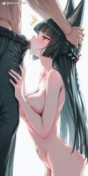 ai_generated animal_ears black_hair black_pants blush breasts deep_throat erection fellatio fox_ears fox_girl hand_on_head head_grab hime_cut hoshimi_miyabi human_on_humanoid jeans large_breasts large_penis long_hair looking_up nipples nude oral penis profile pussy red_eyes saliva shineinsfw side_view simple_background standing unzipped_pants white_background zenless_zone_zero