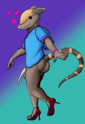 anthro armadillo armband ass big_butt blue_clothing blue_shirt blue_topwear bottomless clothed clothing crossdressing flaccid footwear genitals gradient_background happy heart_symbol hi_res high_heels male mammal muscular muscular_male penis pose rillian_(snufflesnuf) shell shirt shoes shy simple_background smile smiling_at_viewer snufflesnuf solo tail topwear xenarthran