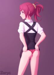 back back_view blush dress_lift embarrassed kiznaiver lifting_skirt panties ponytail red_hair red_panties simple_background skirt_lift small_ass takashiro_chidori uniform upskirt zoryc