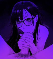 1boy artist_name asymmetrical_bangs black_eyeshadow black_hair bright_pupils commentary english_commentary eyeshadow fellatio female glasses heart heart-shaped_pupils highres lazier long_hair makeup male_pubic_hair monochrome oral original pubic_hair purple_theme symbol-shaped_pupils upper_body white_pupils
