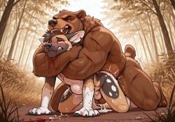 african_wild_dog ai ai_generated asphyxiation balls bear belly_bulge big_dom_small_sub biting biting_head blood blood_from_mouth blood_on_arm blood_on_face blush canine choke_hold chokehold choking claw_marks crying defeat defeated defeated_male dominant_male forced_anal furry furry_only gay gay_male gay_sex giving_up head_lock headlock injured losing_consciousness motion_lines muscular notched_ear pawpads paws pinned pinned_down pinning rape scratches sheath size_difference tail tears tremble_lines tremble_spikes trembling