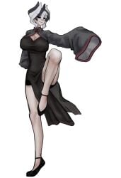 alternate_costume big_breasts black_and_white_hair china_dress chinese_clothes cleavage cleavage_cutout female female_only full_body made_in_abyss ozen ozen_kanojo pale-skinned_female pale_skin pelvic_curtain sleeves_past_wrists solo standing two-tone_hair wide_sleeves