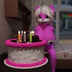 3d angry_cat anthro bed bedroom big_breasts birthday birthday_cake black_nipples blue_eyes breast_grab breasts burning_candles cake candles candy canine chocolate dildo female food food_play furry hair hand_on_breast mammal nipples sex_toy solo striped_candles tongue tongue_out white_hair wolf yuni_hermit