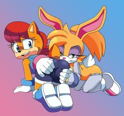2girls archie_comics ass bent_over blue_eyes blue_shirt boots breasts bunnie_rabbot bunny_ears color_edit cyborg edited furry gloves gradient_background green_eyes hands_on_floor leatherruffian looking_back mobian mobian_(species) mobian_chipmunk mobian_rabbit nervous nervous_smile pink_hairband prosthetic_arm prosthetic_legs red_hair sally_acorn sega shorts sonic_(series) sonic_the_hedgehog_(archie) sonic_the_hedgehog_(comics) sonic_the_hedgehog_(series) spread_ass sweat tail third-party_edit yellow_fur