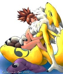 00s 2002 2girls anthro artificial_intelligence ass bandai bandai_namco breasts canine chest_tuft claws digimon digimon_tamers digiphilia digital_drawing_(artwork) digital_media_(artwork) elbow_gloves female female_only fox fur furry gloves hair hi_res hug hugging human karabiner leaning leaning_back makino_ruki mammal nude pawpads paws pettanko red_hair renamon rika_nonaka size_difference tuft vixen yellow_fur young yuri