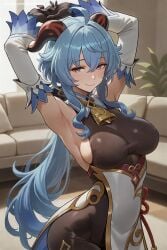 1girl ahoge ai_generated armpits arms_behind_head arms_up bangs bare_shoulders blue_hair blush breasts closed_mouth dress ganyu_(genshin_impact) genshin_impact gloves hair_between_eyes hair_ornament hi_res high_quality high_resolution large_breasts long_hair looking_at_viewer patreon purple_eyes seductive sexy sideboob smile solo uncensored watermark wavy_hair