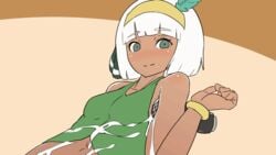 alternate_skin_color animated armpit_sex armpits asatsuki_(cookie) bandeau blush bracelet breasts cookie_(touhou) cum cum_on_upper_body cum_through_clothes cum_through_clothing cum_under_clothes cumming cumshot dark_skin ejaculation female green_eyes hairband leaf microphone navel no_nose oil open_mouth sexually_suggestive short_hair simple_background small_breasts smile sorry_carl sweat tan teeth tongue touhou vest white_background white_hair youmu_konpaku