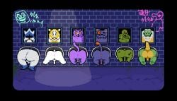 anthro anus asgore_dreemurr ass backsack balls barakatalogue big_butt bovid caprine deltarune digital_media_(artwork) domestic_cat erection felid feline felis genitals gerson_boom_(deltarune) goat group king_spade male male/male mammal moobs nipples overweight penis pixel_(artwork) public_use reptile scalie seam_(deltarune) through_wall turtle undertale_(series)