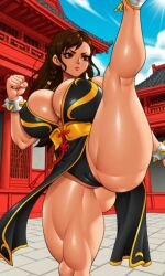 1girls ai_art ai_generated alternate_hair_length alternate_hairstyle asian_female bangs bare_shoulders below_view big_ass big_butt black_dress black_panties black_underwear blush bracelet braid breasts brown_eyes brown_hair capcom china_dress chinese_clothes chinese_female chun-li chun-li_(battle_ouffit_sfv) cleavage closed_mouth clothing collarbone covered_pussy day dress female female_only hair_down hi_res highleg huge_ass huge_breasts jewelry kick kicking large_breasts leg_up light-skinned_female long_hair mature_female muscle_mommy muscle_tone muscular muscular_female muscular_thighs no_bra official_alternate_costume outdoors parted_lips pelvic_curtain revealing_clothes serious_face serious_look shoes side_braids sideboob sky sleeveless solo spiked_bracelet spikes standing_on_one_leg street_fighter street_fighter_v temple thick_ass thick_thighs thighs training twin_braids very_long_hair white_footwear white_shoes wide_hips