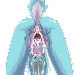 after_sex akitokit anthro anus blue_fur blue_hair blush breasts cum cum_in_pussy cum_inside female fur hair lagomorph mammal nipples open_mouth pussy pussy_juice rabbit shaking simple_background solo trembling white_background yellow_eyes