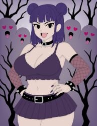 artvi belt black_belt black_choker choker cleavage crop_top dead_trees eva_(naughtycomix) evil_smile excited female fishnet_gloves forest ghosts goth hair_buns hands_on_hips heart-shaped_pupils heart_eyes highres huge_breasts lace_trim long_hair looking_at_viewer massive_breasts midriff miniskirt navel night odango off_shoulder open_mouth pleated_skirt punk purple_background purple_crop_top purple_eyes purple_fishnets purple_hair purple_nails purple_skirt solo spiked_bracelet spiked_choker standing tagme tongue_out tongue_out_ghosts twintails underboob yandere