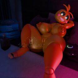 3d bed bedroom five_nights_at_freddy's fnaf looking_at_viewer lovetaste_chica lying_on_back naked naked_female nipple_piercing solo toy_chica_(fnaf) toy_chica_(love_taste) xbox_controller