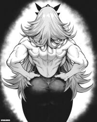 1girls absurd_res ass back back_muscles barghest_(gawain)_(fate) dress fate/grand_order fate_(series) greyscale hi_res long_hair monochrome muscular muscular_back muscular_female speedl00ver watermark