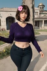 ai_generated belly big_breasts big_butt black_pants blue_eyes brown_hair curvy curvy_figure female flower_in_hair jenny_belle jenny_belle_(slipperyt) minecraft older_woman purple_sweater realistic sexy_pose short_hair smile solo solo_female zlipyt2