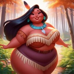 1female ai_generated bbw big_belly big_breasts dall-e3 disney disney_princess fat morbidly_obese native_american native_american_female overweight pocahontas pocahontas_(character) wide_hips