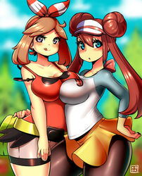 2girls black_leggings blue_eyes blush breasts breasts_to_breasts brown_hair double_bun eye_contact female female_only human human_only kenron_toqueen large_breasts leggings long_hair looking_at_viewer may_(pokemon) may_(pokemon_oras) medium_hair nintendo pokemon pokemon_bw2 pokemon_oras pokemon_rse rosa_(pokemon) shorts skirt source_request thick_thighs thighs twintails wide_hips