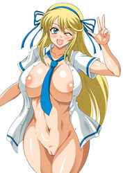 ;d aqua_eyes areola_slip areolae blonde_hair blue_necktie blue_ribbon blush breasts collarbone cowboy_shot curvy female hair_ribbon hairband innie_pussy katsuragi_(senran_kagura) large_breasts long_hair looking_at_viewer naked_shirt navel necktie one_eye_closed open_clothes open_mouth open_shirt pussy rainkeru ribbon senran_kagura senran_kagura_(series) shirt short_sleeves smile solo stomach uncensored v white_shirt