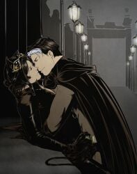 2boys almost_kissing batman batman_(series) catwoman_(cosplay) dc dc_comics imminent_kiss jason_todd male male/male night nighttime outdoors pinned red_hood_(dc) red_robin streetlight tim_drake white_strand_of_hair yaoi