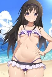 akemi_homura bare_arms bare_belly bare_legs bare_shoulders bare_thighs beach belly_button bikini bikini_skirt black_hair blush breasts closed_mouth collarbone hairband hand_on_own_hip hip_bones long_hair mahou_shoujo_madoka_magica nagare_(flow) ocean outdoors purple_bikini purple_eyes shiny_skin small_breasts smile standing thighs underboob